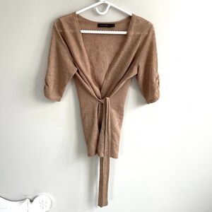 THE LIMITED TAN LINEN BLEND CARDIGAN RUCHED SLEEVES TIE CLOSURE SMOCKED